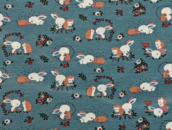 Baumwolljersey Sweet Hase mit Igel auf Dusty Blue